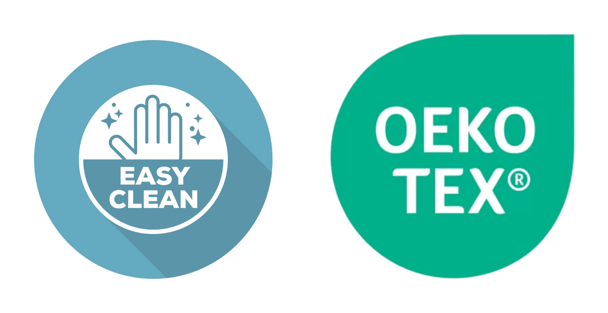 Zeichen der Easy-Clean-Technologie sowie OEKO-TEX-Zertifikat